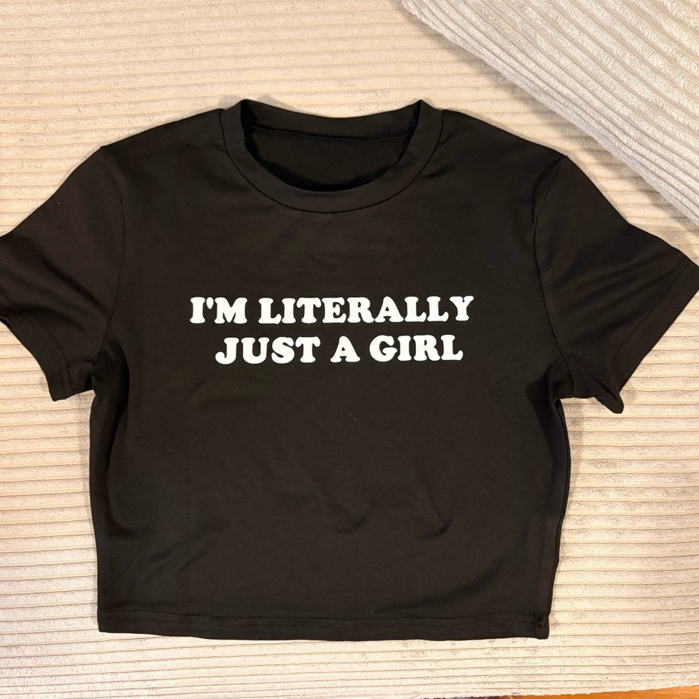 Black Cropped T-Shirt with White Text